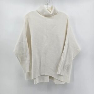 Oversized Batwing Turtleneck Sweater Cream Ribbed Knit Viscose Blend Women's S/M